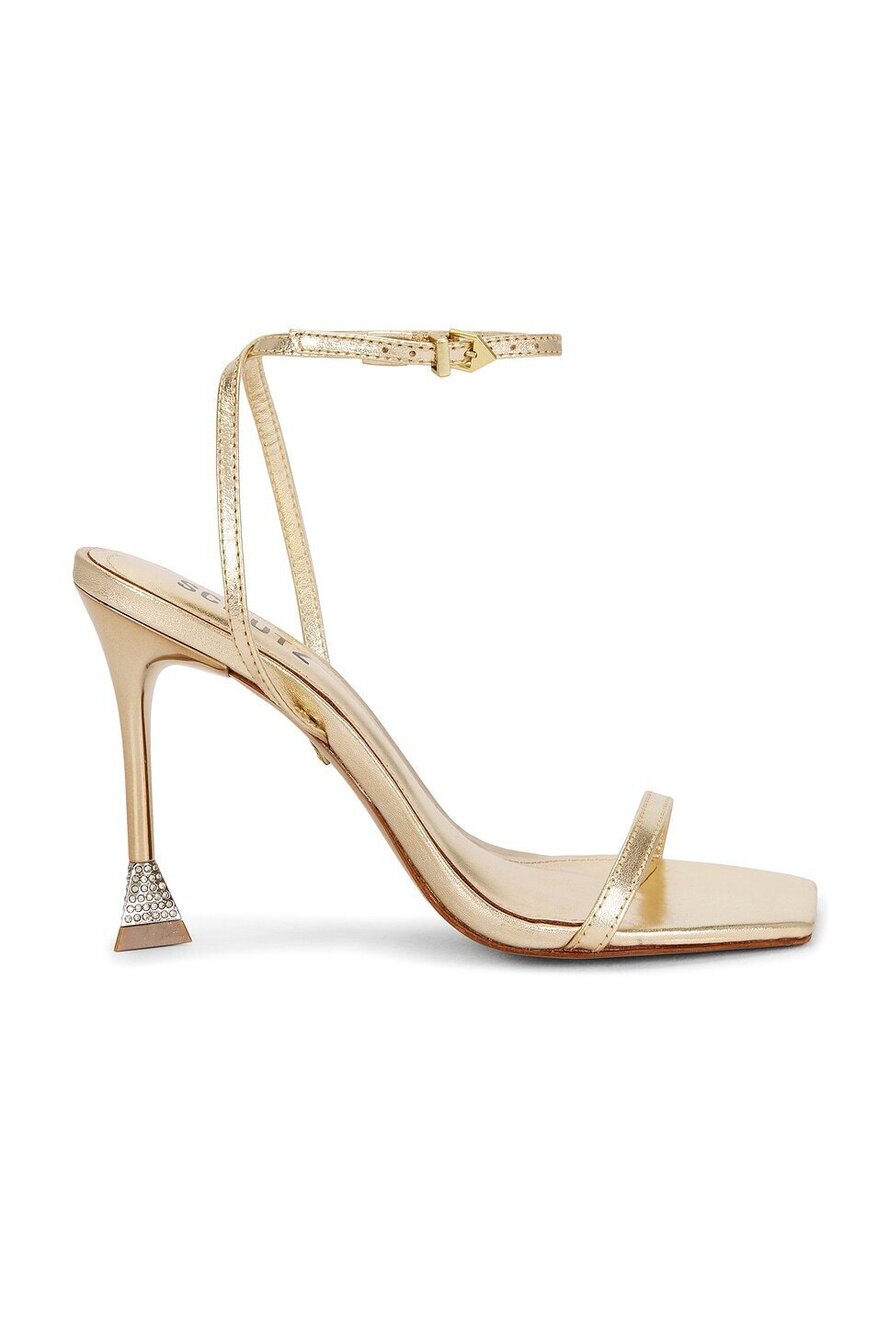 Schutz Joanna Sandal in Platina metallic leather high stiletto heel diamonds